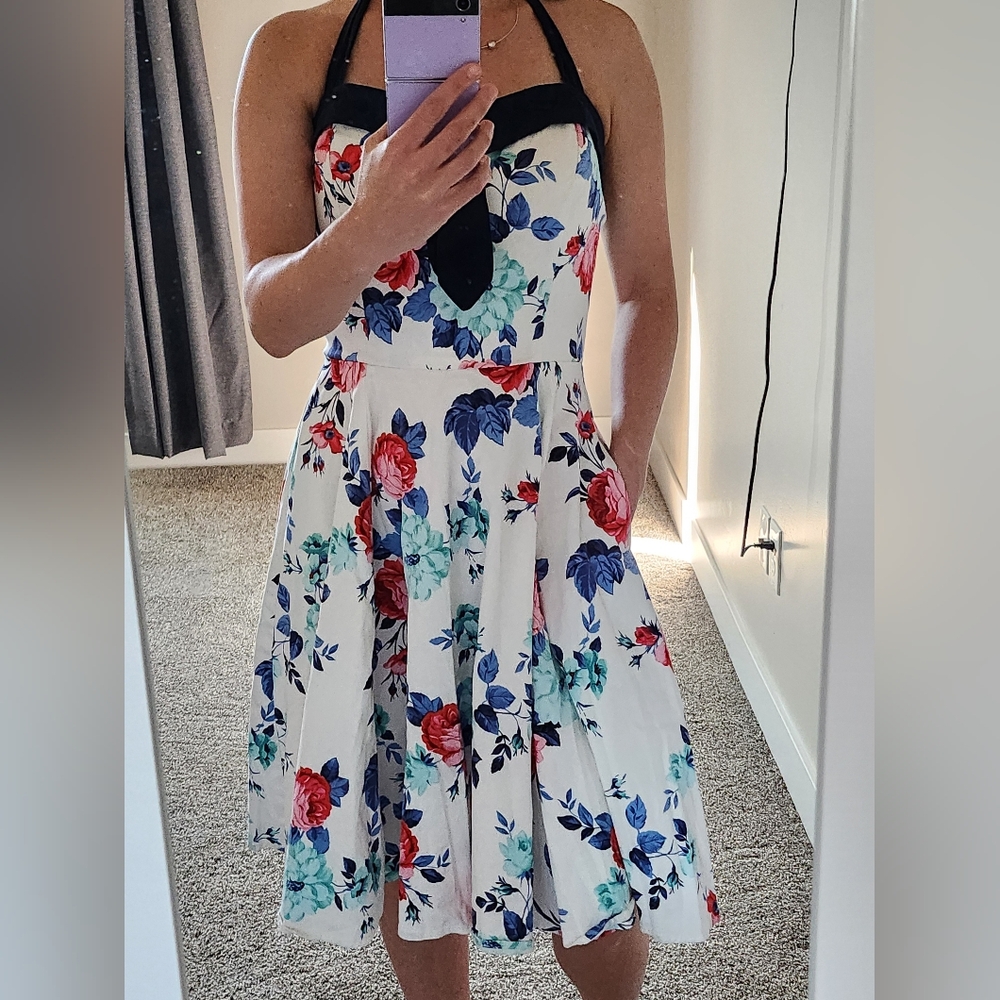 Sleeveless White Midi Dress with Red & Blue Floral Print